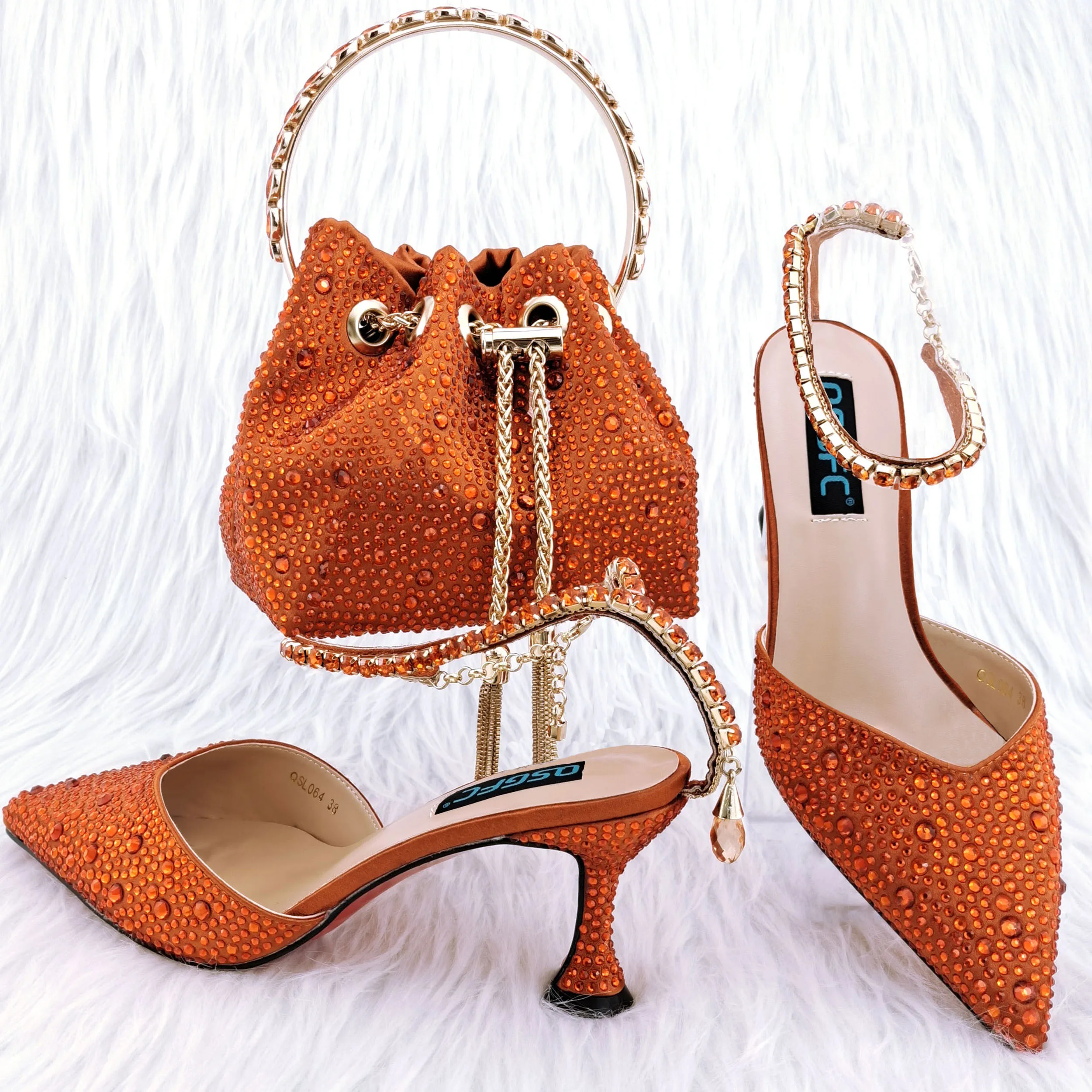 Bestway High Quality Orange Color Matching Women Shoes and Bag Set
