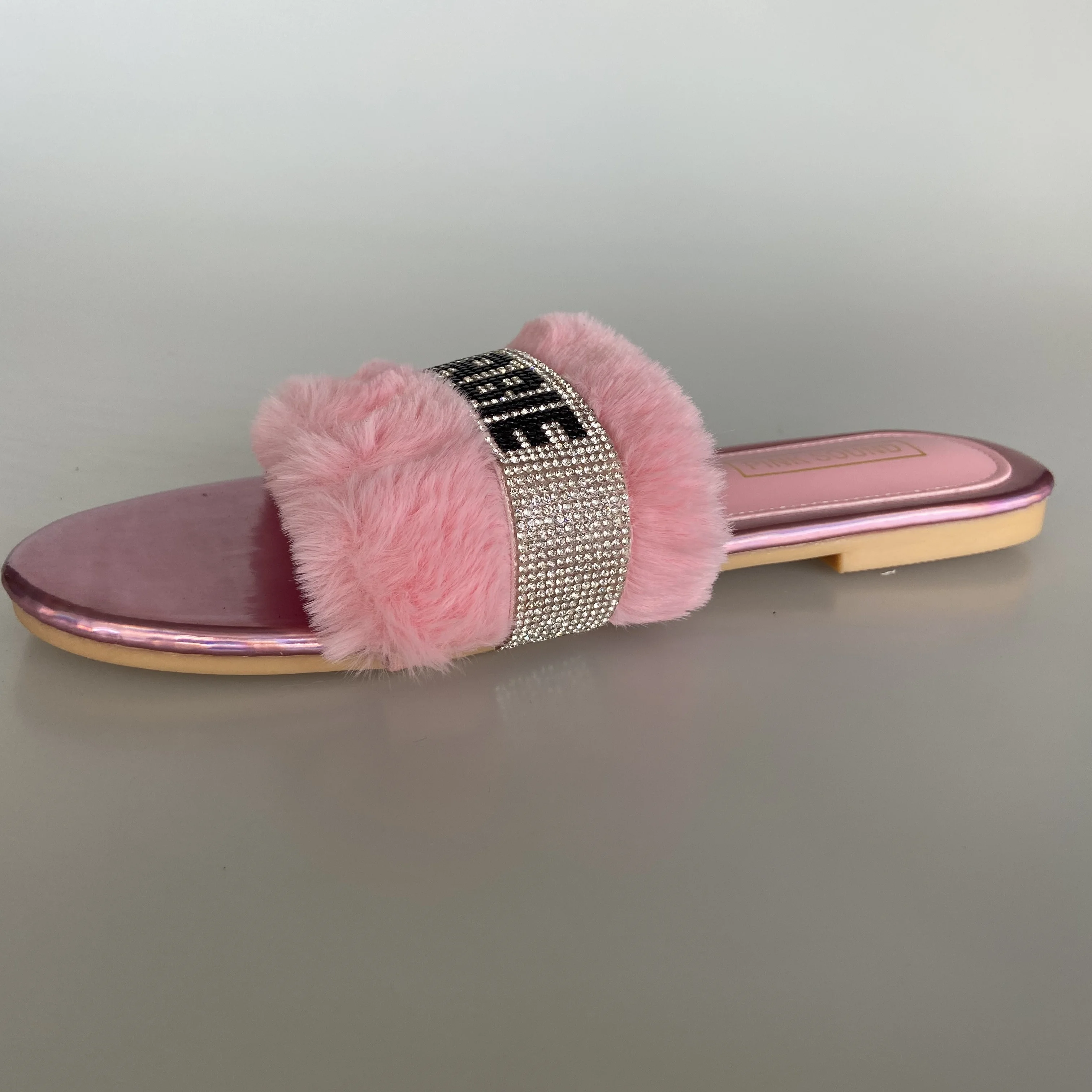 
PDEP latest summer beauty hairy pink slippers rhinestone sandals 2021 ladies shoes for women flat plus size sandals with fur 