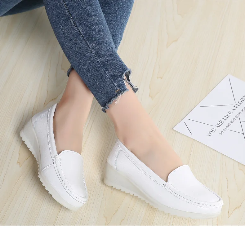TPR sole cow leather upper women shoes loafers non-slip white nursing shoes for nurse