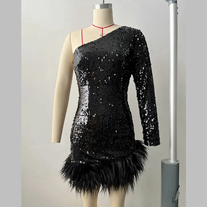 2022 Holiday Women Sparkly One Sleeve Feather Trim Mini Short Black Sequin Party Cocktail Dresses