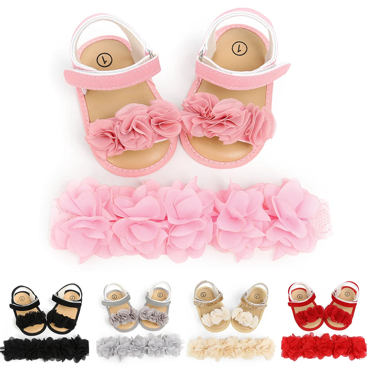 Barefoot Summer Newborn Infant Shoes Toddler Flowers Prewalker Headband Kids PU Soft Sole First Walker Baby Girls Sandals Floral