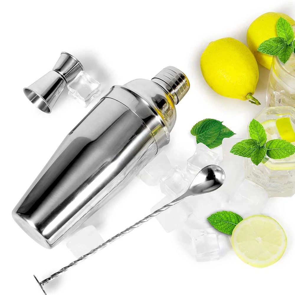 High Quality 304 Stainless Steel Martini Cocktail Shaker Set with Jigger & Mixing Spoon