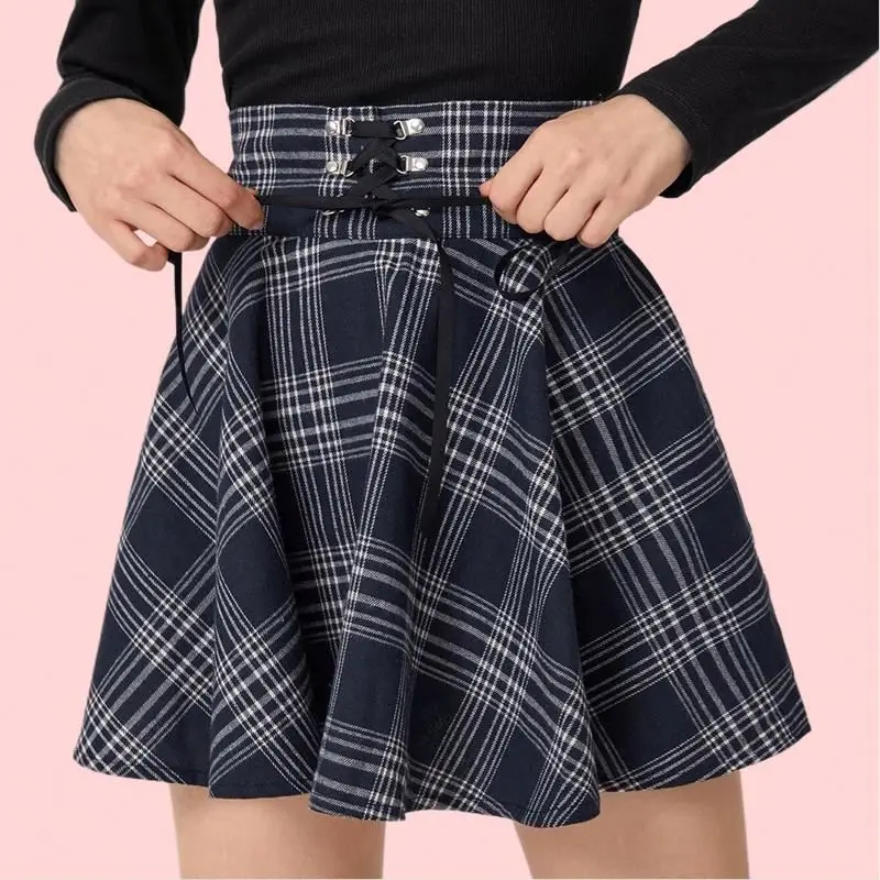 Vintage Tartan Skirt For Women Sexy Pleated Bandage High Waist Design Large Swing Style Cotton Unisex Fashion