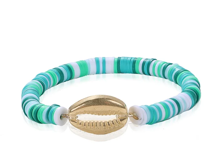 Trendy Golden Cowrie Shell Stretch Polymer Clay Bead Bracelets Summer Ocean Beach Theme Hot