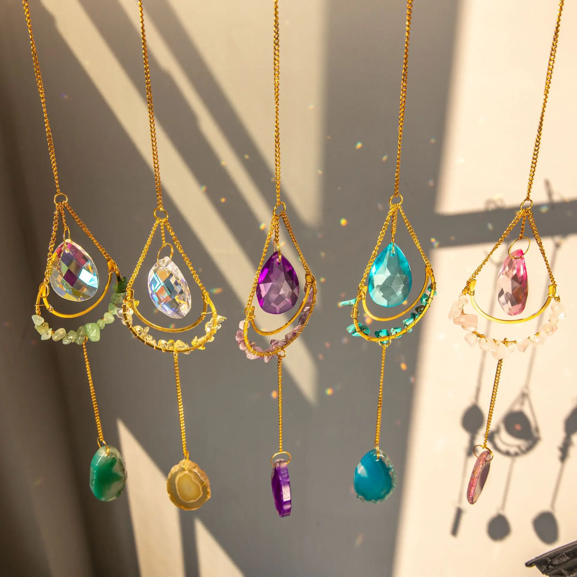 Natural Crystal Handmade Agate Slice Wind Chime Window Hanging Sun Catcher Supplies Bedroom Accessories Decor