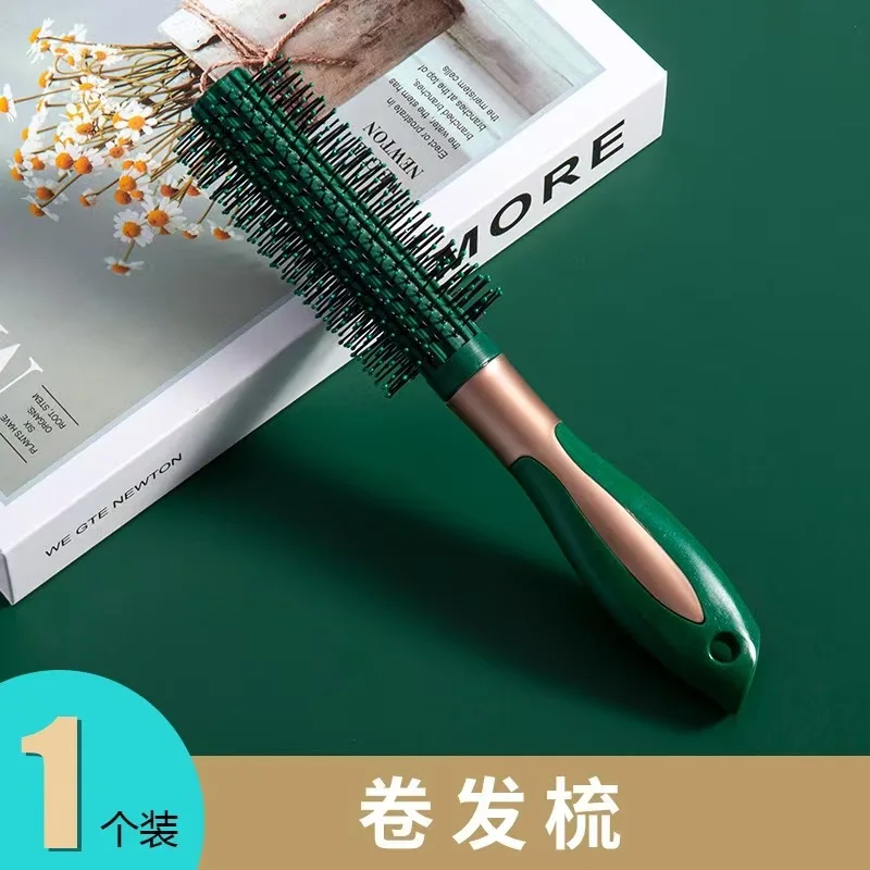 Wholesale Lady Straight & Curly Hair brush Beauty Comb Dark Green with Negative Ion Metal and Wood Handle for Personal Userubber