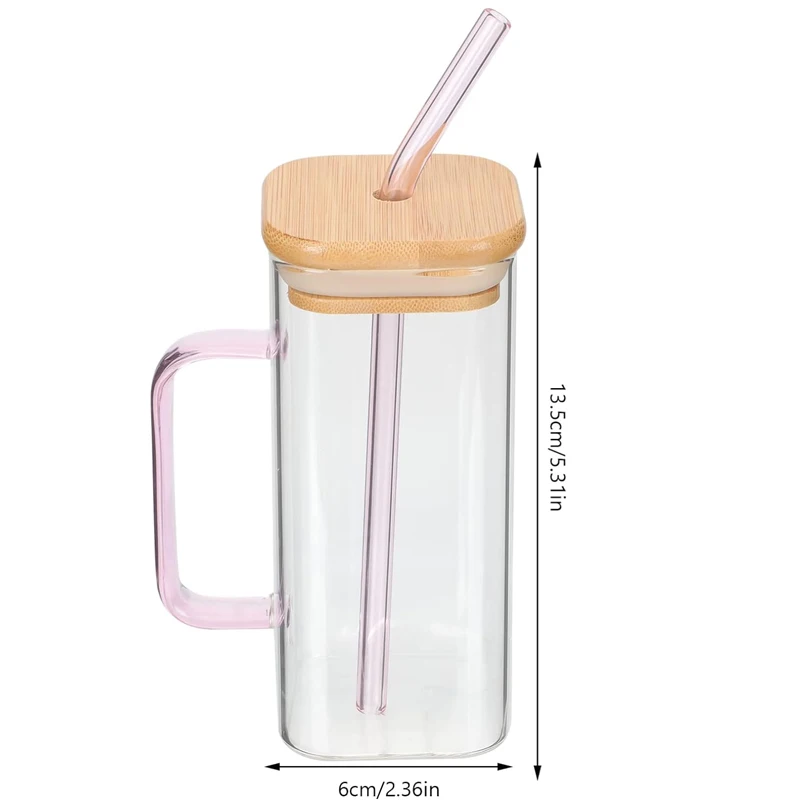 400ml Clear Glassware Drinkware Iced Coffee Tea Mug Water Tumbler Dinking Glasses Jar Square Glass Cup with Lid Straw Handle