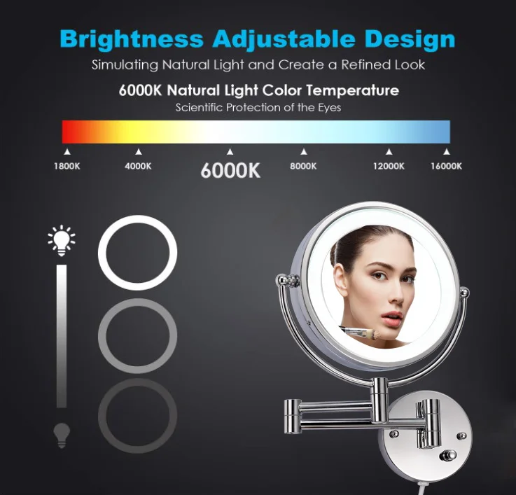 Electric Moving Arms 8 inch Bathroom Makeup Mirror With Lights