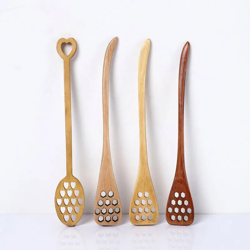 Custom Long Handle Honeycomb Wooden Honey Spoon Solid Wood Honey Stirring Spoon Dessert Jam Stirring Stick Wholesale