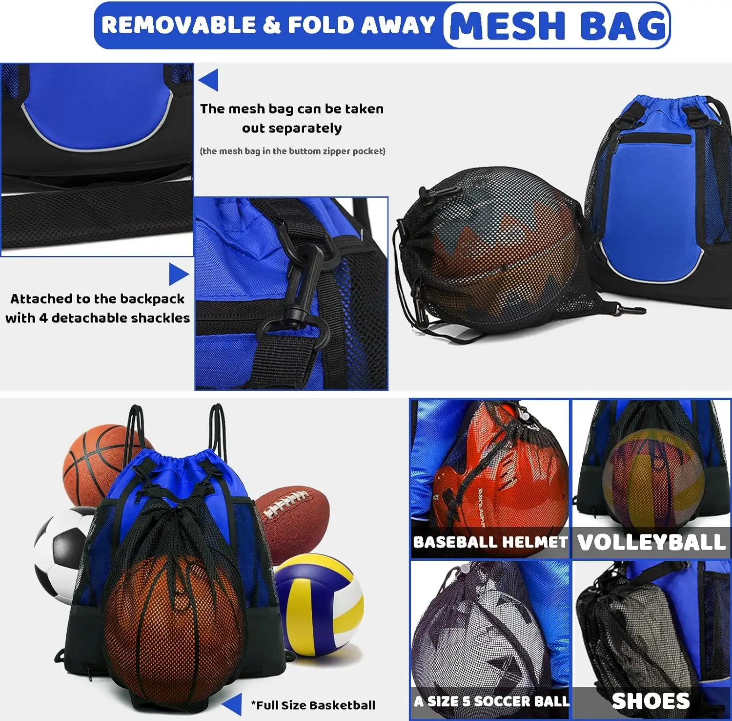 Drawstring Basketball Backpack for Boys Foldable Soccer Backpack Gym Bag Sack pack Sports Sack with Detachable Ball Mesh Bag