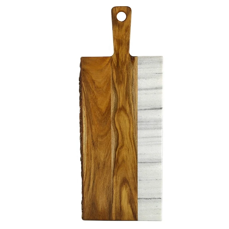 Wholesale Natural Marble and Acacia Wooden Cutting Board Serving Board with Bark for Restaurant