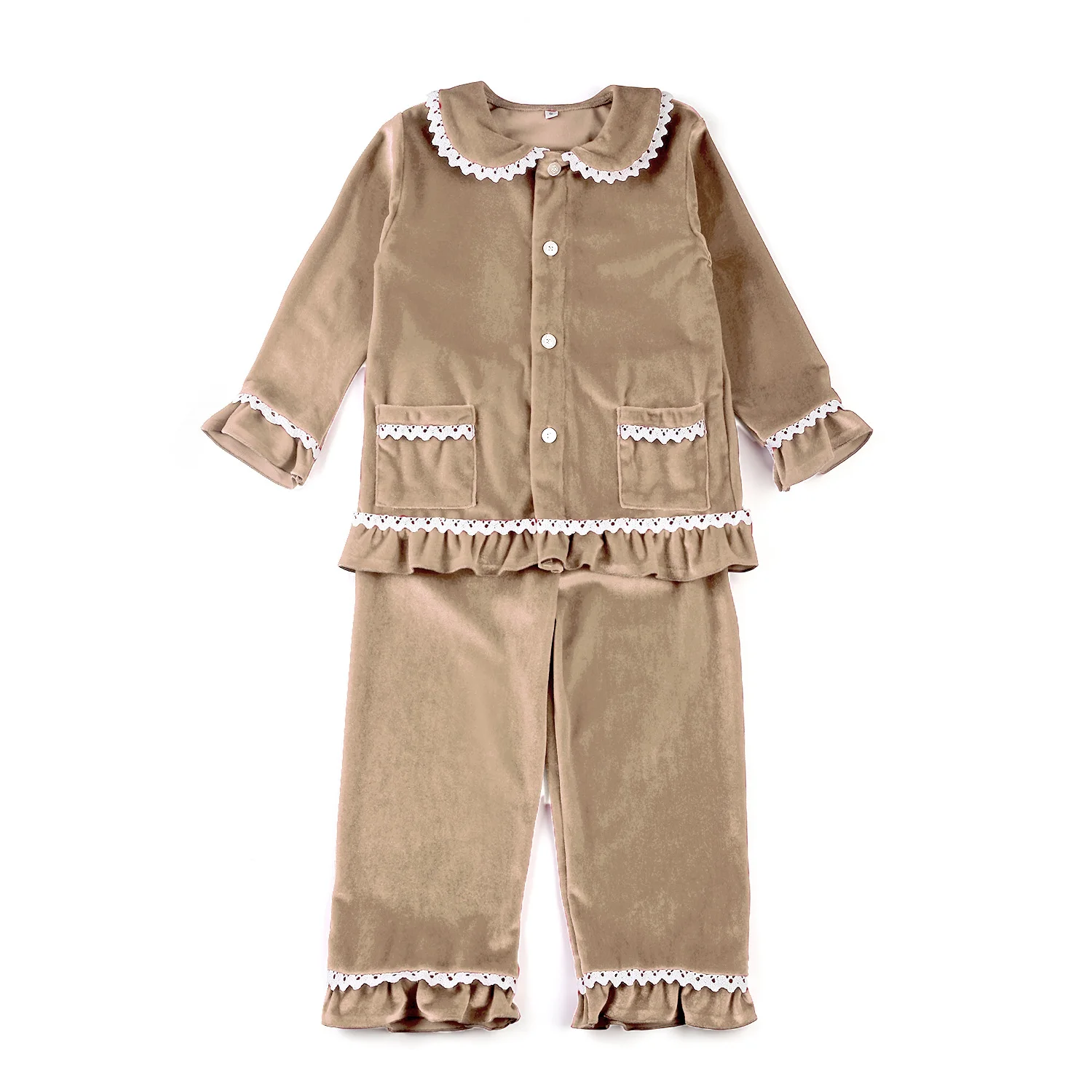 2023 New Fashion Kids Girl Khaki Color Christmas Pyjamas Nightgown Set Winter Sibling Matching Cute Soft Velvet Pajamas