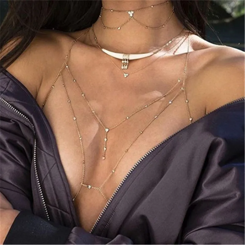 
NAKAMURA Sexy shining bling multi layer necklace diamond hanging neck sling tassel design versatile body chain suit 
