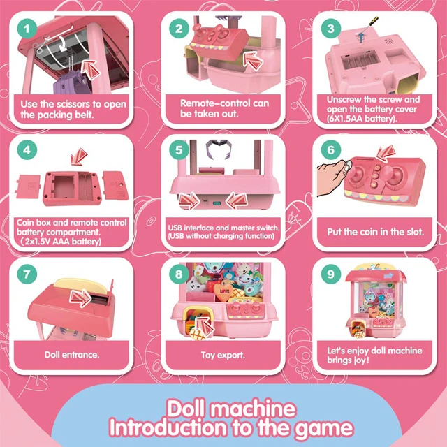 High quality hot sell doll claw machine for kid with USB cable, 6 dolls, adjustable sounds and lights(pink) boy or girl