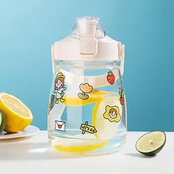 Custom Students Children Strap Straw Cute Large Capacity With Straw Novelty Portable Cartoon Sticker Plastic Water Bottle