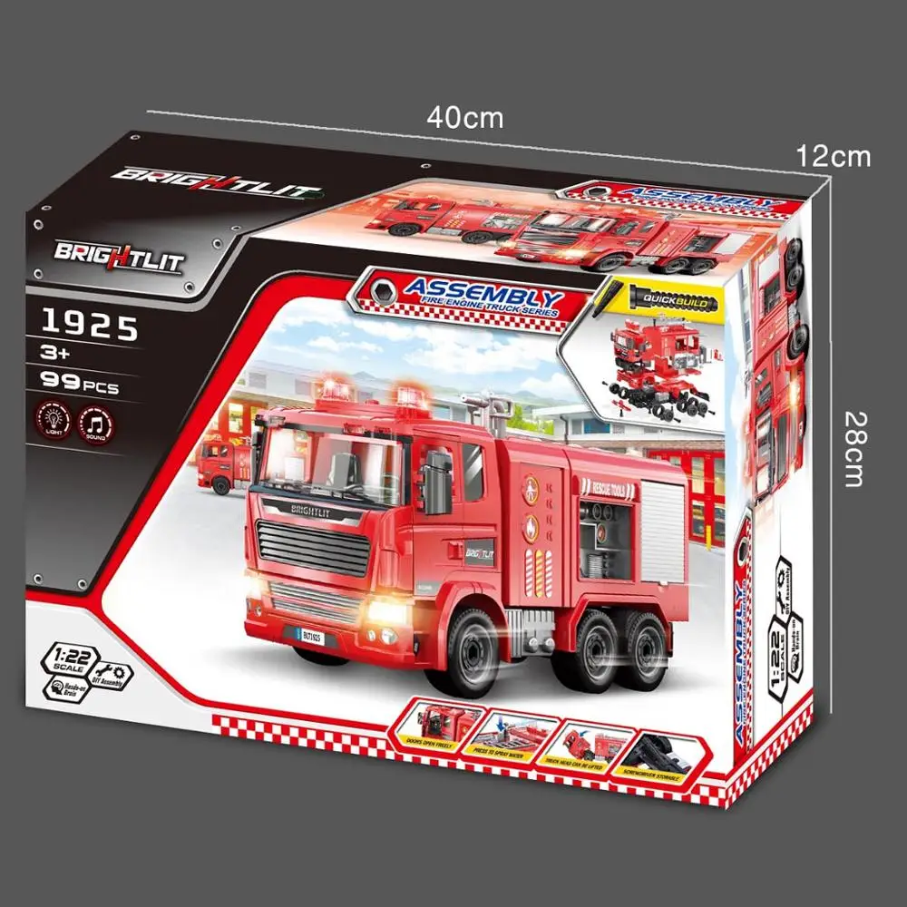 DIY toy wholesale 1/22  assembly rescue  fire  truck toy with flashing  lights and sound intelligent toy