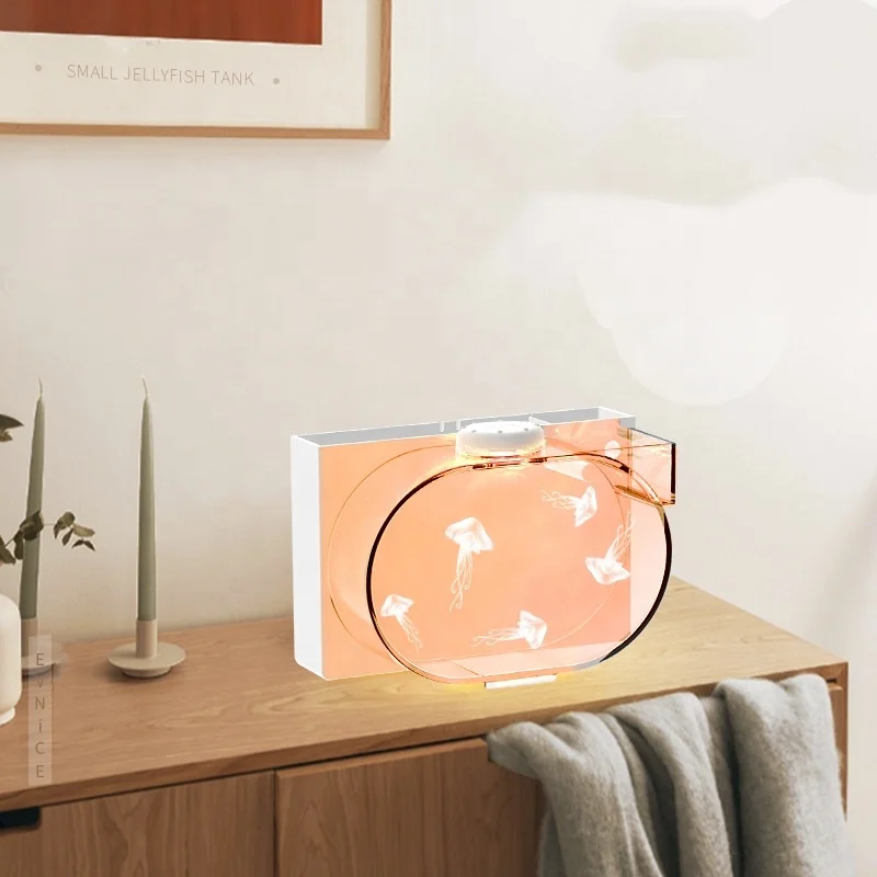 Hot Sale RGB LED Acrylic Tank Contemporary Oval Ecological Jellyfish USB Rechargeable Desktop Decoration Special Price Middle