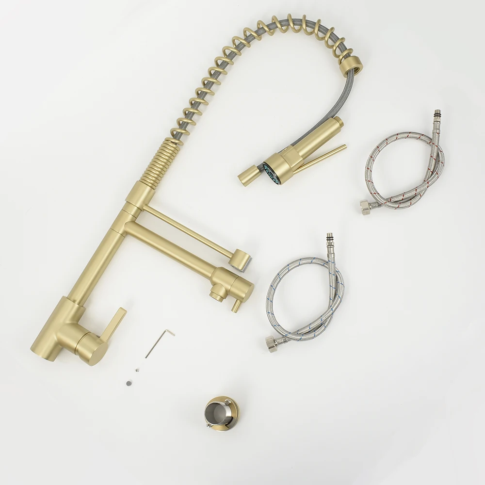 Brushed Gold Commercial Spring Faucet Pull Out Kitchen Mixer Taps