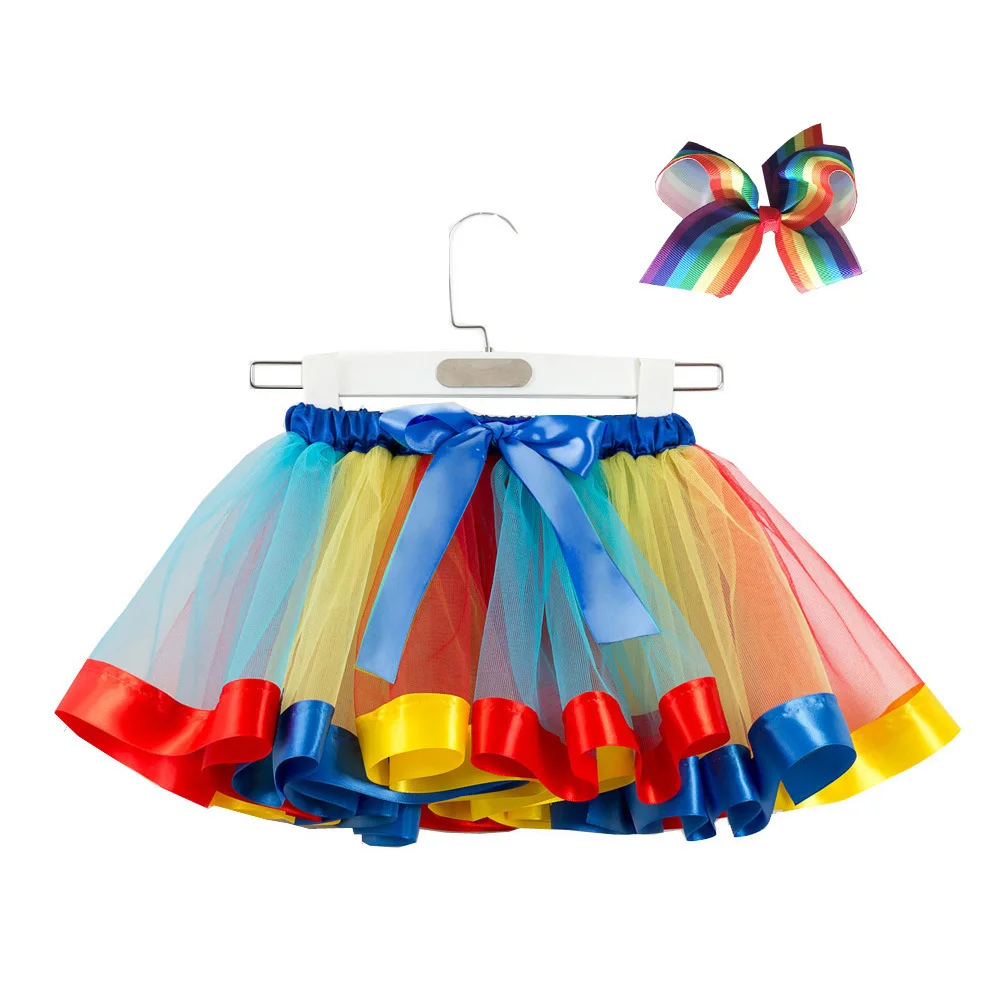 0-8Y Factory Wholesale Soft Tulle Layered Rainbow Tutu Skirts Kid Girl Mini Skirt With Ribbon Children Kids Ballet Petticoats