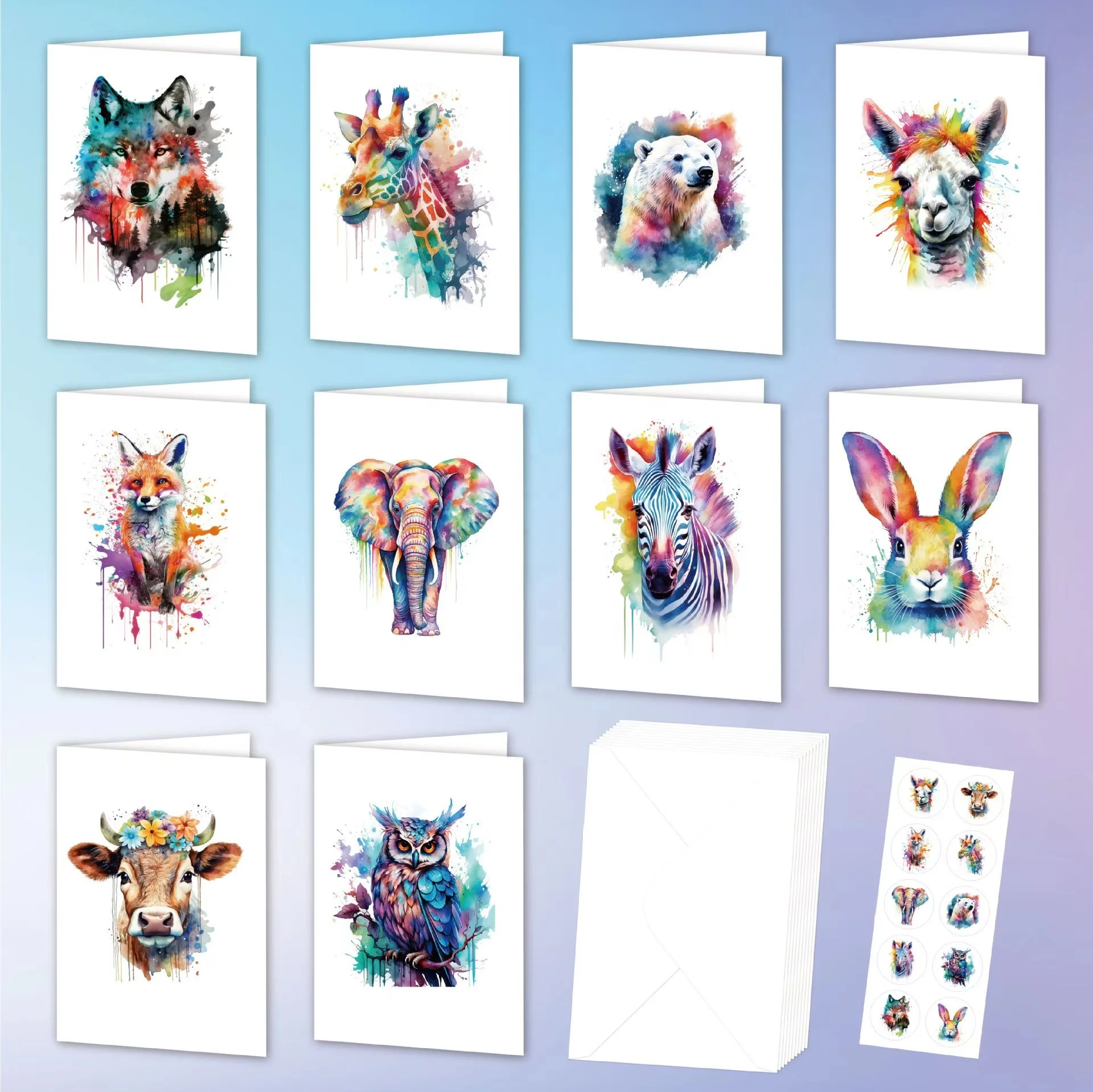 Universal Animal Thank You Card Custom Animal Greeting Card with Envelopes Watercolor Animal Blank Bless Card