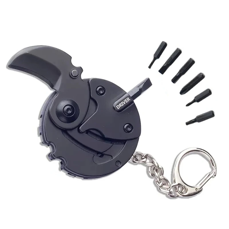 MG-100A Outdoor Survival Black Mini Portable Keychain EDC Folding Pocket Knife Multi Tool Screwdriver Set Round Coin Knife