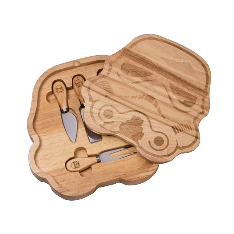 Wooden Cheese Board Set with 4 Pcs Cheese Knives Set Rubber Wooden Chopping Board