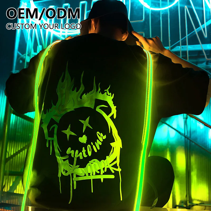 OEM  new fashion luminous short sleeve tshirt custom printing brand  logo 100% cotton casual lights up ati night t-shirt for men