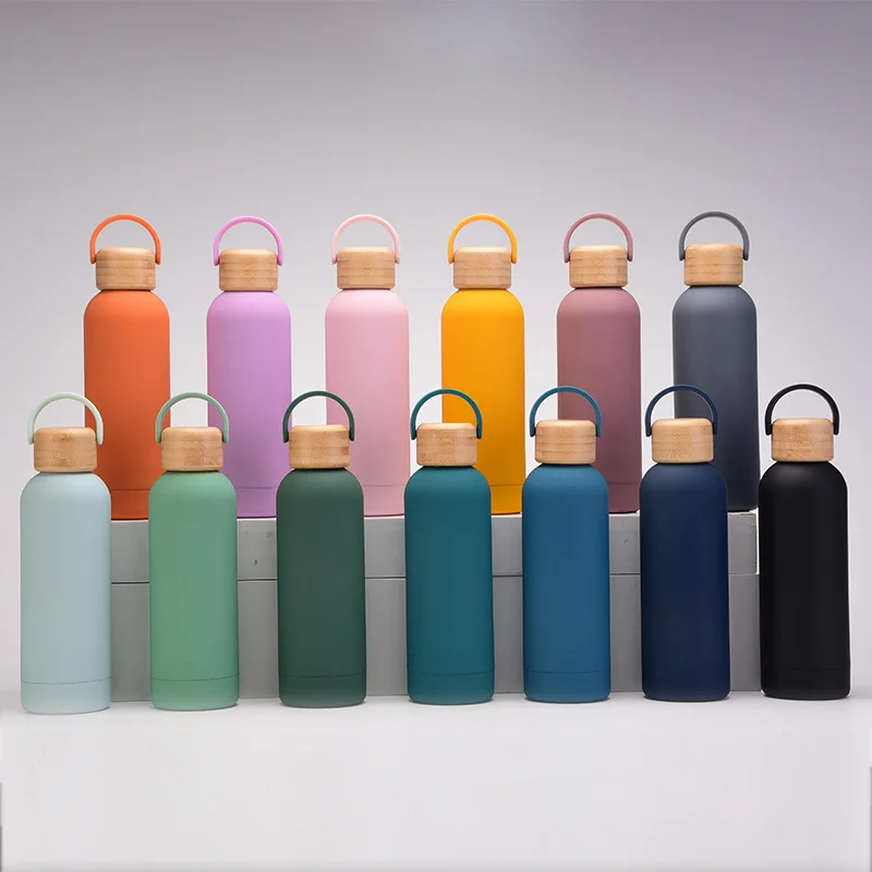 2024 New 500ml Portable Handle Water Bottle Small Mouth Thermos Cup with Cute Bamboo and Wood Cover Vacuum Design for Camping