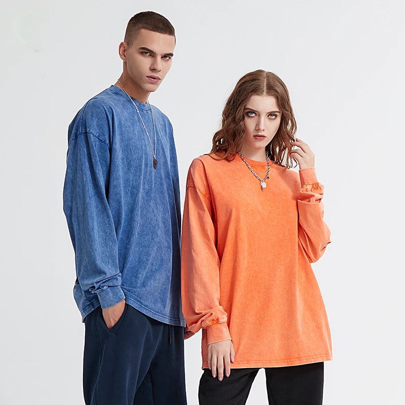 2023 New Style Crew Neck Custom Long Sleeve Vintage Acid Wash 310GSM Heavy Weight Men Oversized Long Sleeve T Shirts