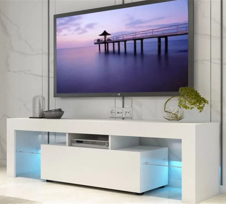 Hot Selling Modern TV Stand White High Gloss Wood TV Unit with LED lighting
