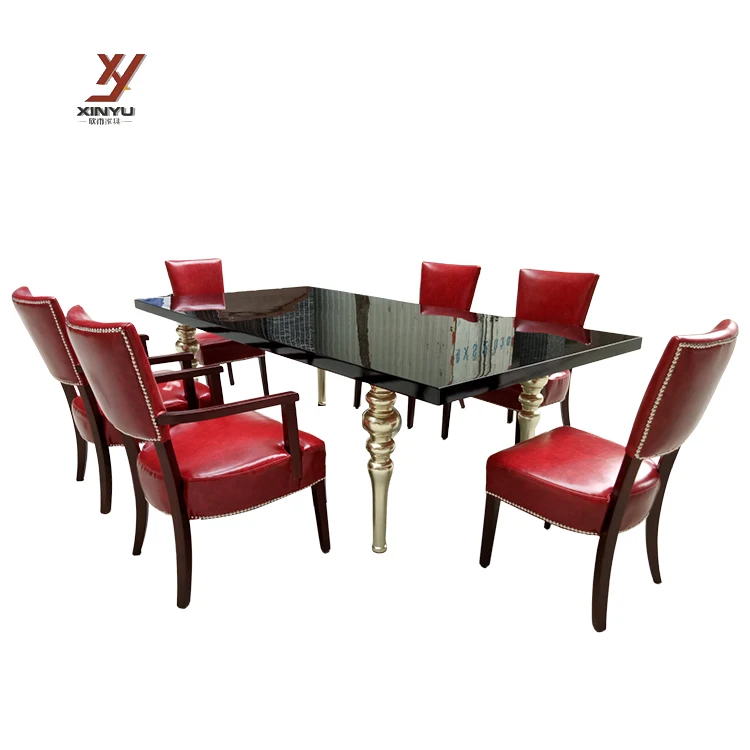 Modern Pu Leather Dining Restaurantset Chair Black Solid Wood Top With 6 Chairs Made In Foshan Tables And Chairs