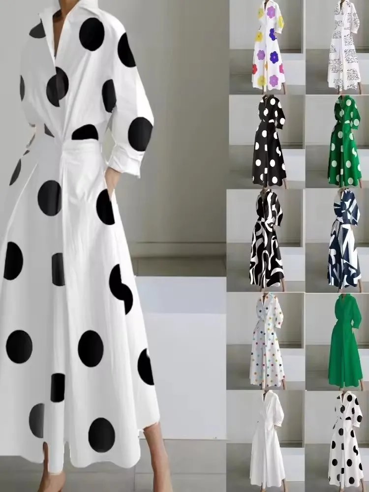 Long Sleeve Dot Print Elegant Maxi Dresses For Women White Casual V Neck Shirt Party Long Dress Robe Femme
