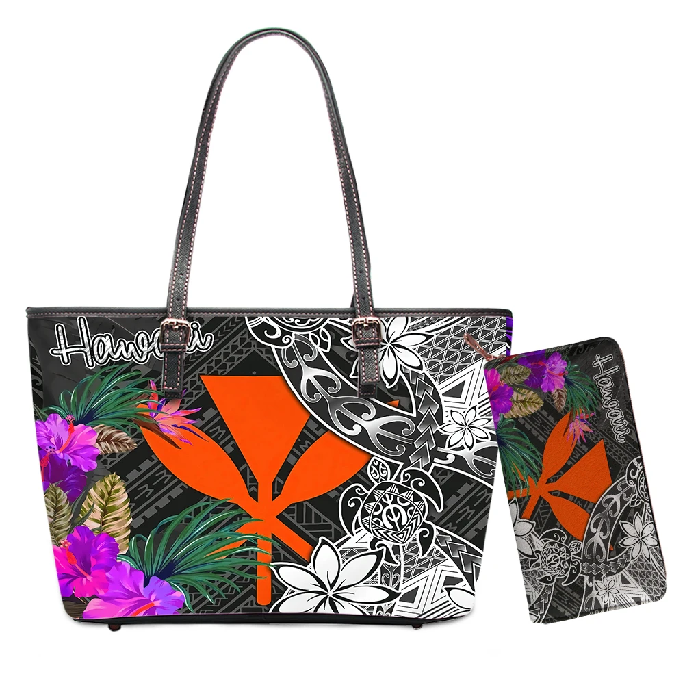 
Polynesian Floral Pattern 2 Piece Women Handbags With Wallet Printed Customized Wholesale PU Ladies Tote Bag And Hawaii Purses 