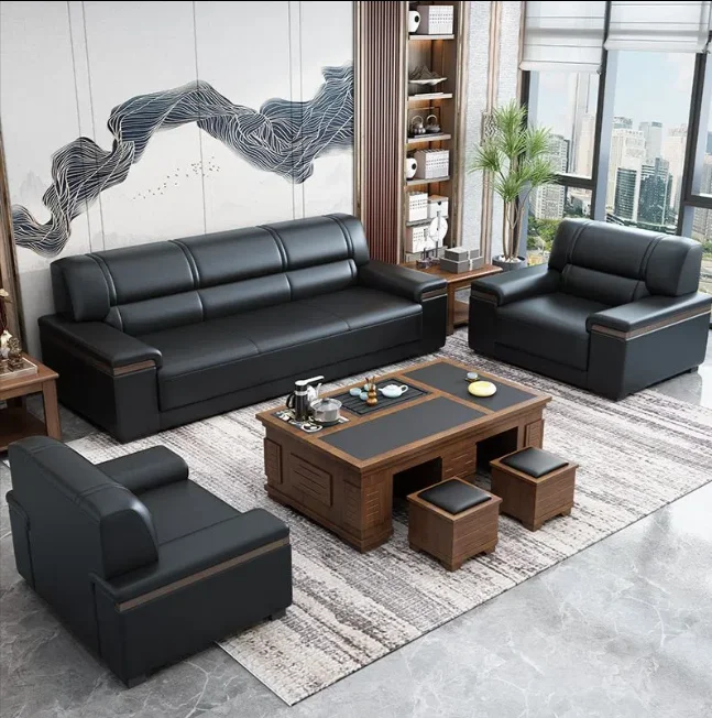 Top Fashion factory high quality LOGO custom leather reception set tea table combina Office sofa