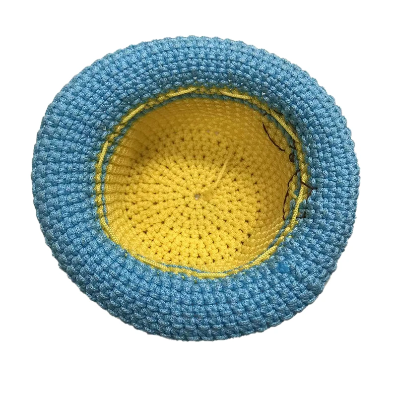 Luxury Summer Beach Crochet Knit Yellow And Blue Contrasting Colors Kids Bucket Hats Unisex Handmade Sun Bucket Hat