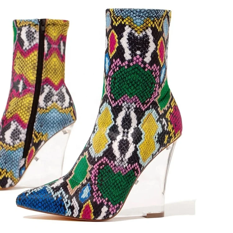 Candy Neon Snakeskin Printing Stretch Fabric Pointed Toe High Heels Transparent Crystal Wedges Pumps Shoes Big Size Ankle Boots
