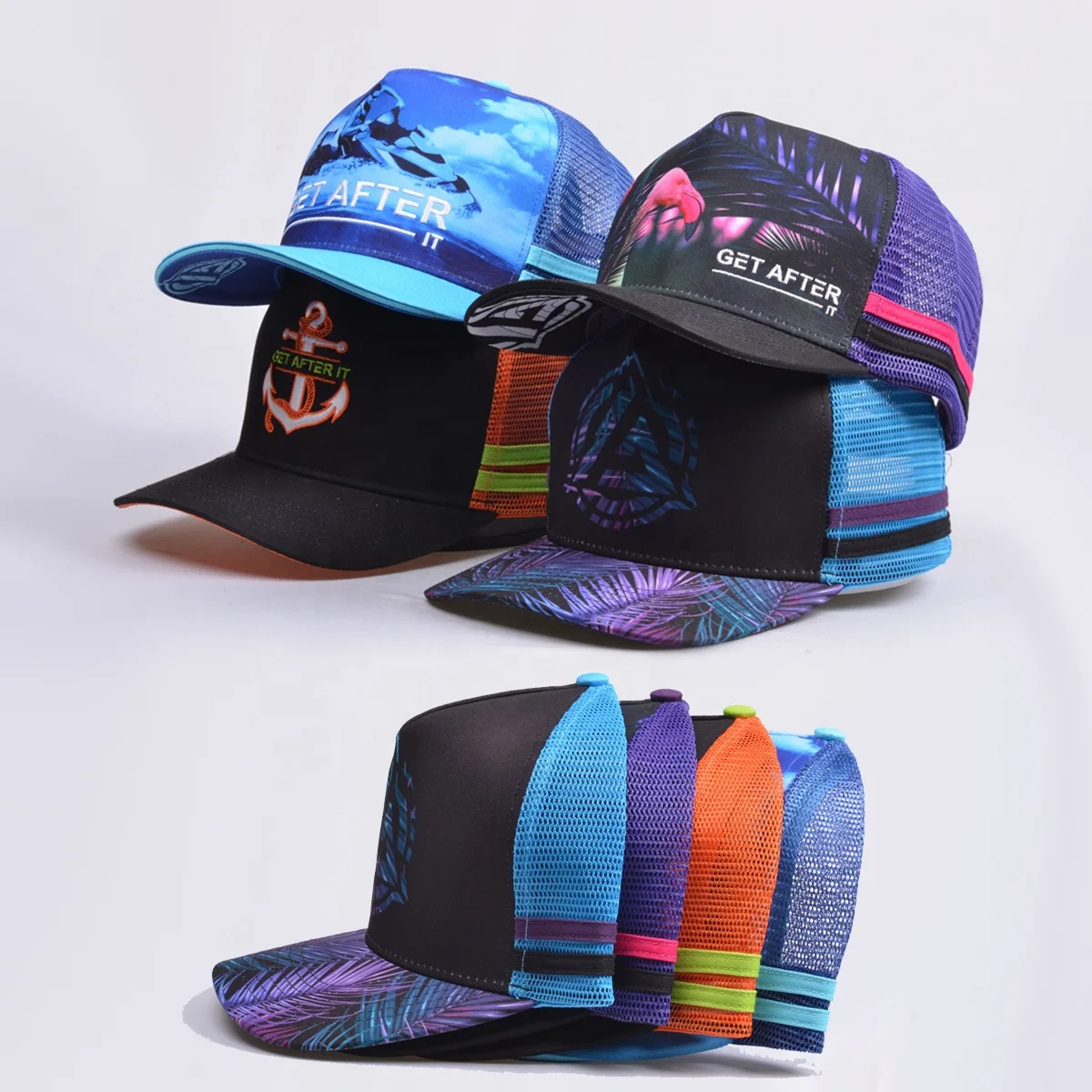 Printing Cotton Caps Stripe Mesh Gorras Custom Embroidery Logo High Profile 5 Panel Country Trucker Hat With 2 Side Stripes