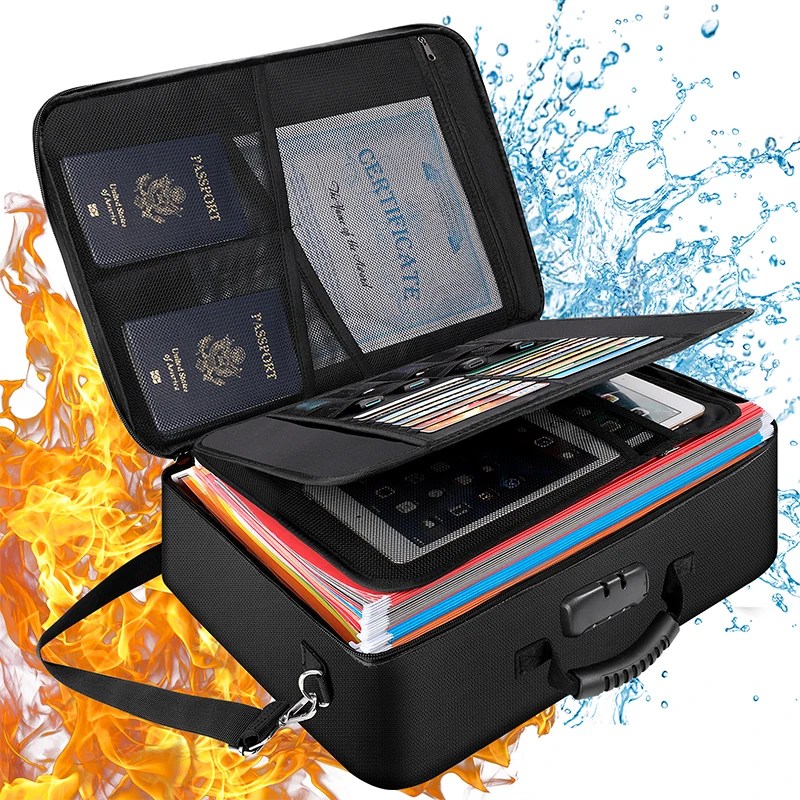 Office Home Water Fire Resistant 3-layer Large Storage Case Organizer Fireproof Document Bag With Lock