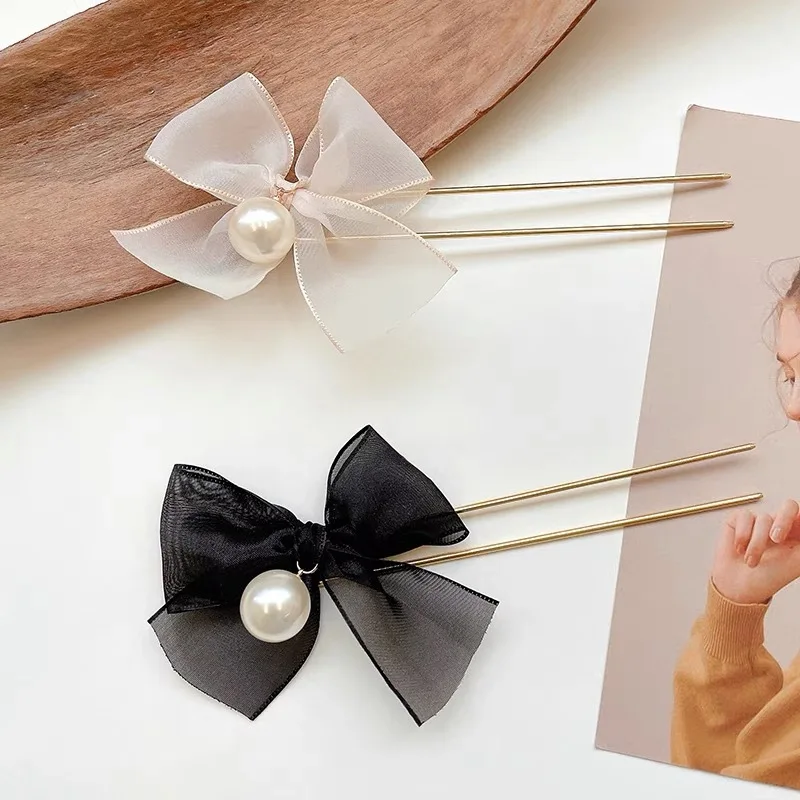 New bow u-shaped hair fork alloy pearl retro hair accessories for parties and festivals
