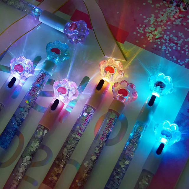 Promotional New Design lovely stationery cat paw Pens with LED light Colorful Sequins Quicksand cute Gel Pen