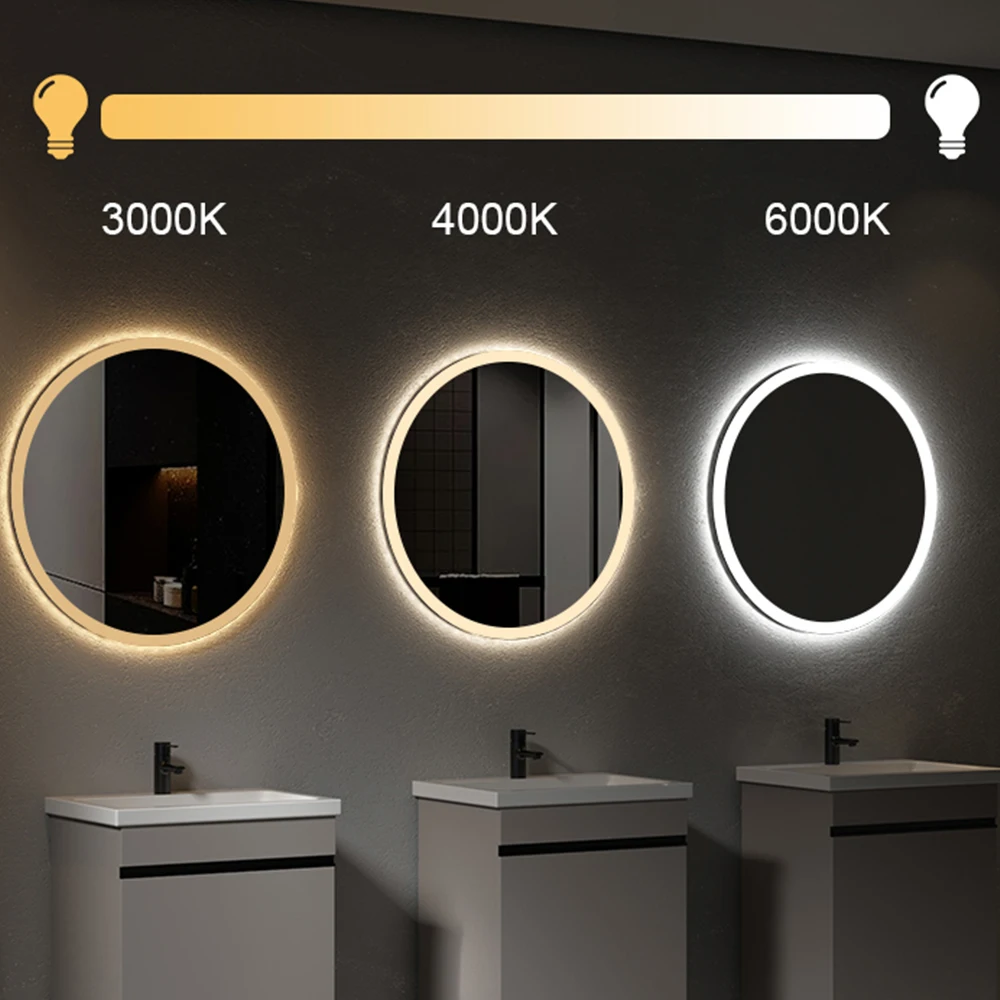 Apartment Hotel Anti-fogging Color Changing Brightness Adjustable Round Front Lights Illuminated Backlit LED Bathroom Mirror