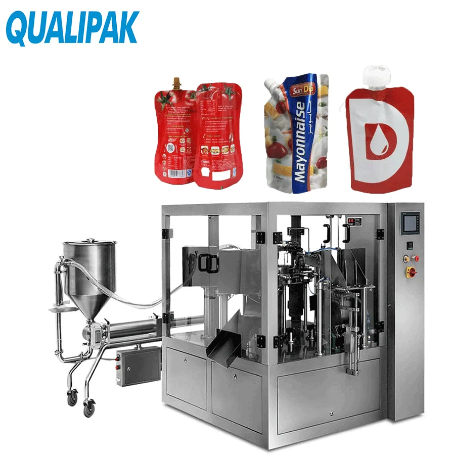 Qualipak Automatic gusset bag liquid filling machine jar doypack bag packing paste ketchup sauce sachet filling machine