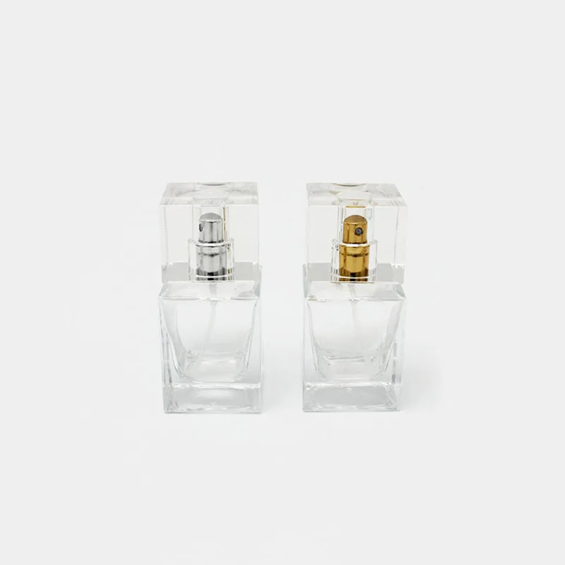 classic 35ml mold made thick bottom screw on cubic square transparent perfume glass bottle with mist pump sprayer