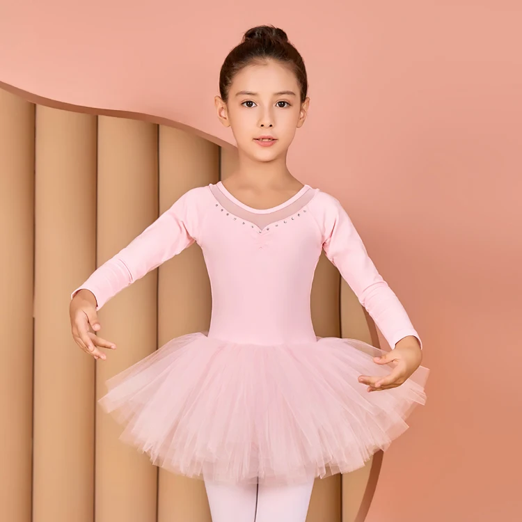 Vitality Hot Pink Girl Ballet Skirt Fashionable Mesh Splicing Long Sleeved Dance Skirt Closed Crotch Ballet Clothing
