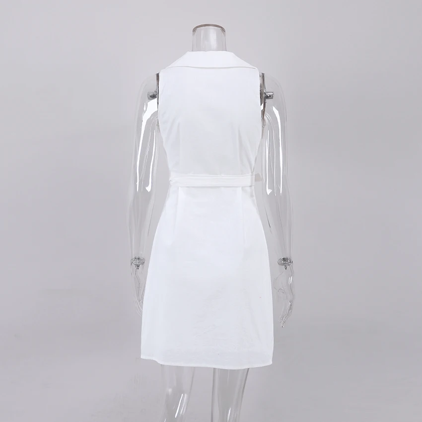 OOTN 2022 Fit Flare Mini Dress Ladies 100% Cotton V-Neck Wrap Lace Up Elegant Sleeveless Office Dress Women White Summer Dress