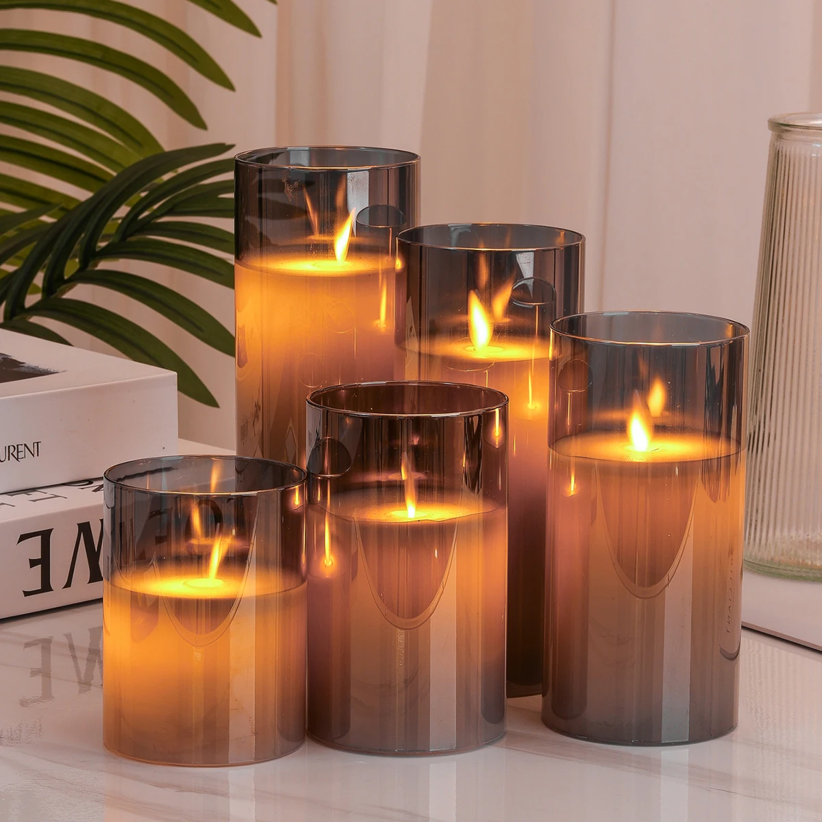 Grey Glass Real Wax  Flameless Led Candle Lights Lamp Electroplated gray  High Quality  Flameless D7.5*H10/12.5/15/17.5/20cm