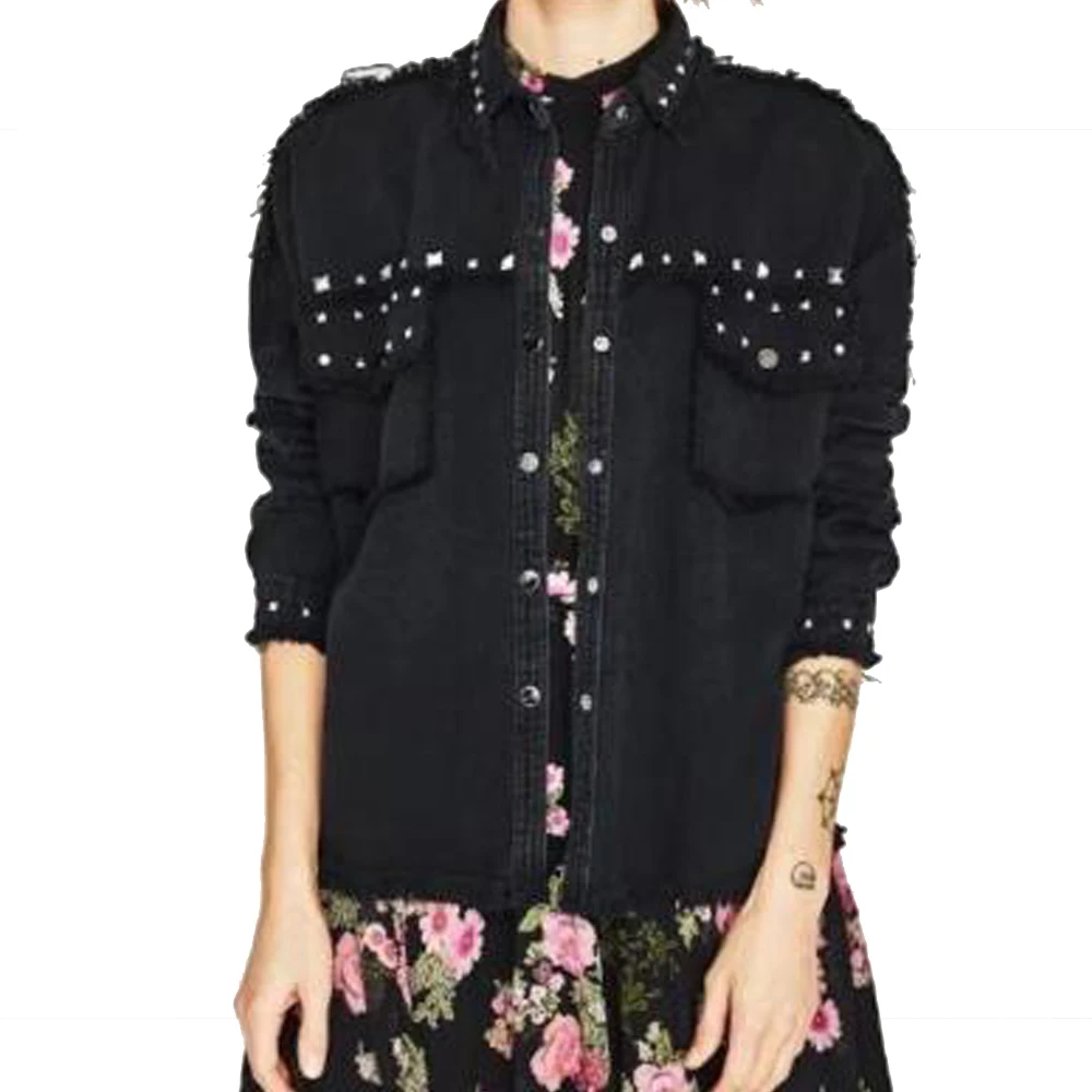 High street style black denim beaded rivet jeans coat jacket fro women