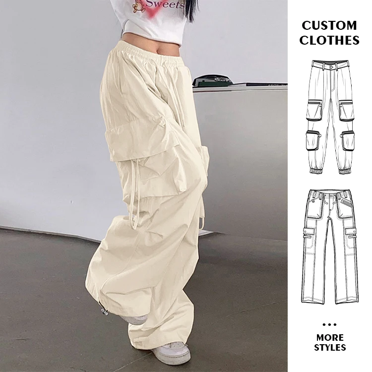 Custom OEM Manufacturer Vintage Pockets High Waist Streetwear baggy Casual ladies Long parachute Cargo Pant for women Trousers