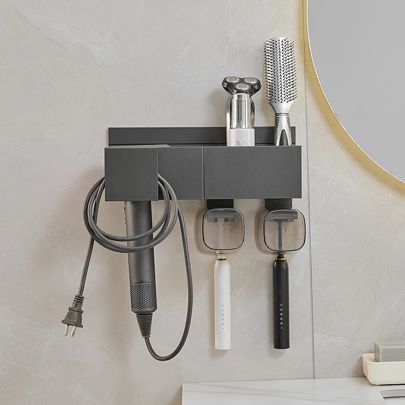 High Quality Space Aluminum Bathroom Wall Mount Toiletries Shelf Hair Dryer Toothbrush Cup Holder Razor Holder Hair Dryer Holder