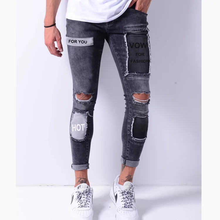 Fancy New Fashion Street Style Super Skinny With the Custom logo Printing Patch on the Hole Ripped Men Jeans